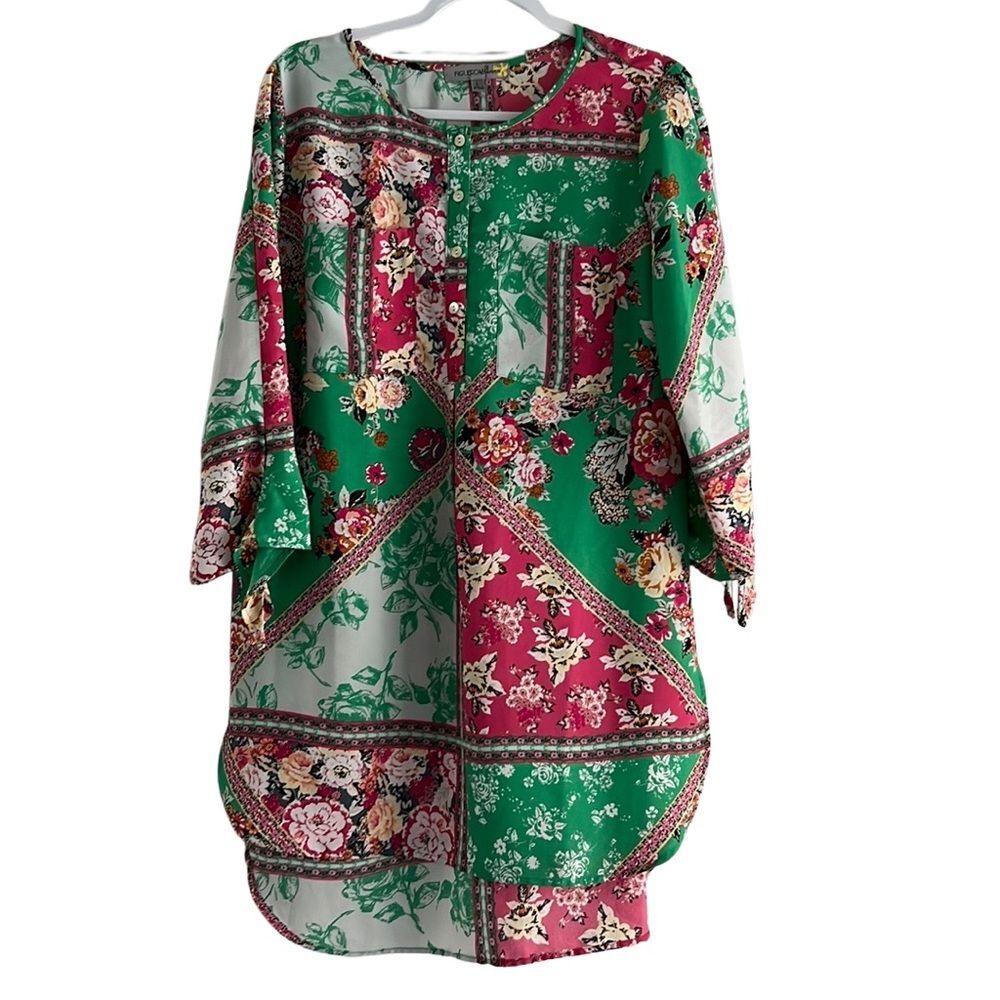Anthropologie Figueroa & Flower Boho Tunic Pink Green White 3/4 flare Sleeves